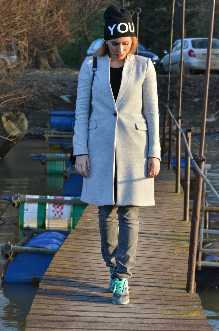 Gray Coat and ASICS running shoes outfit - Stasha Fashion Blog by Anastasija Milojević