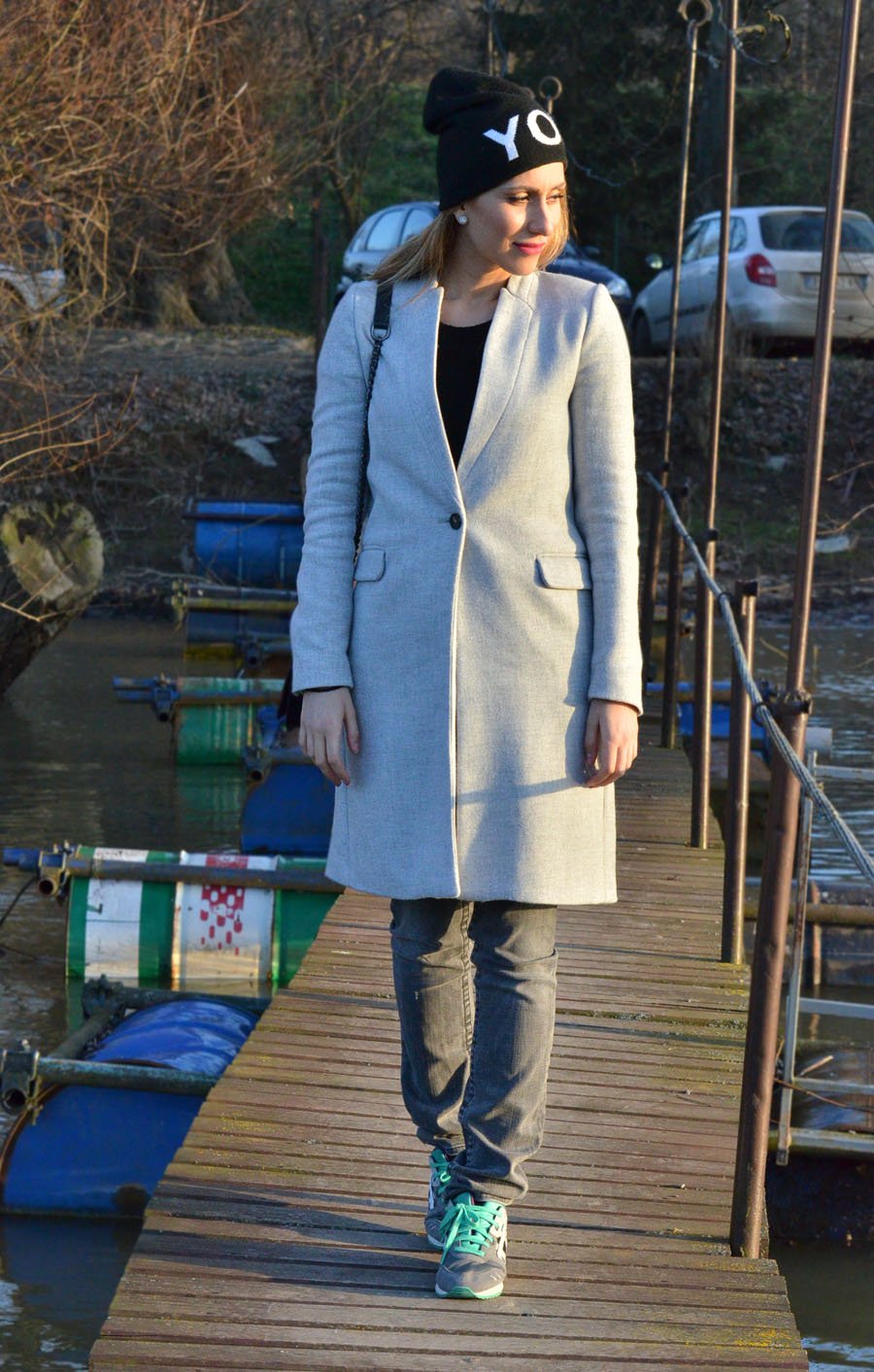 Gray Coat and ASICS running shoes outfit - Stasha Fashion Blog by Anastasija Milojević