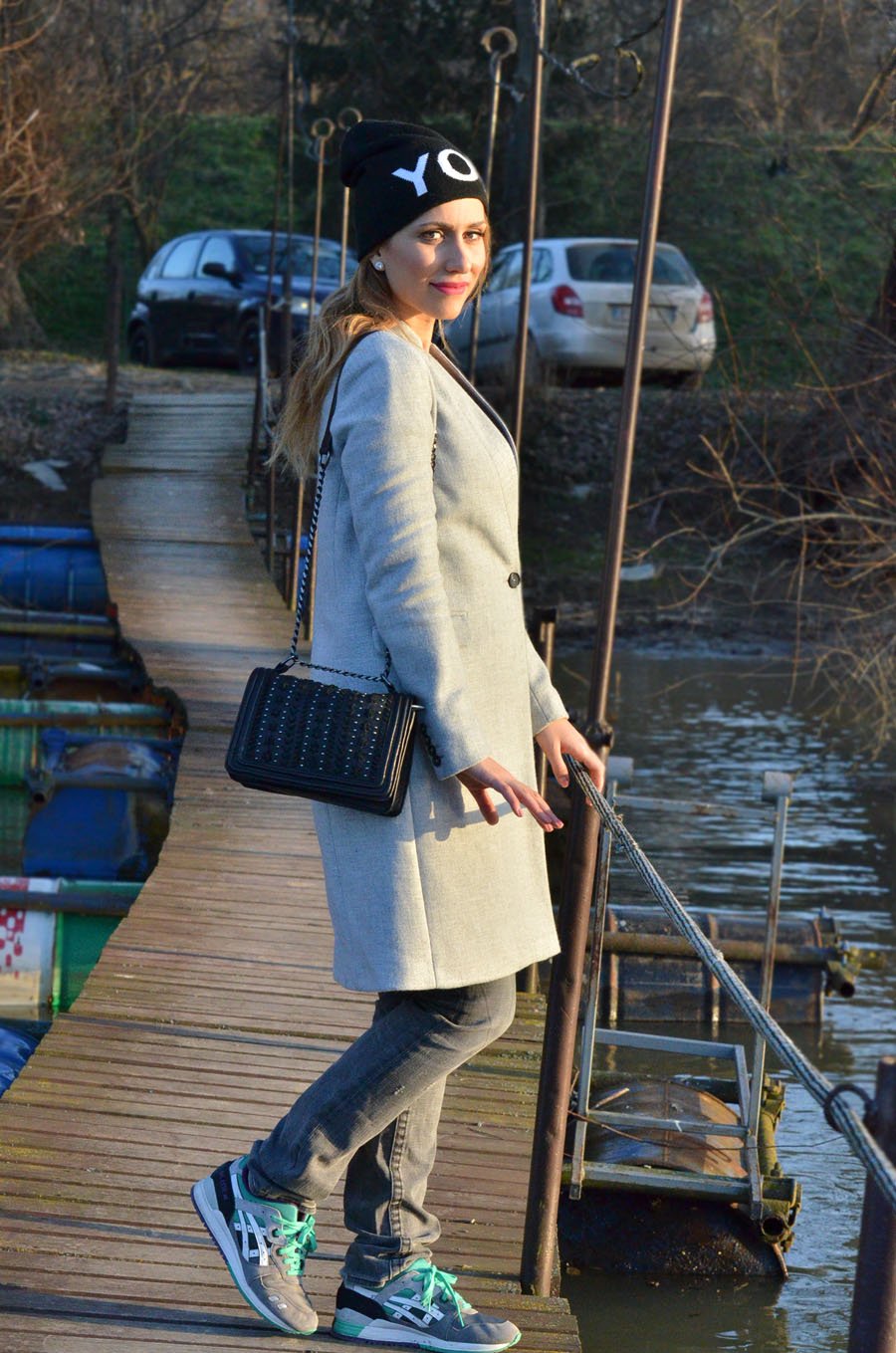 Gray Coat and ASICS running shoes outfit - Stasha Fashion Blog by Anastasija Milojević