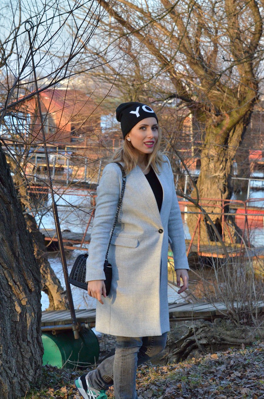 Gray Coat and ASICS running shoes outfit - Stasha Fashion Blog by Anastasija Milojević