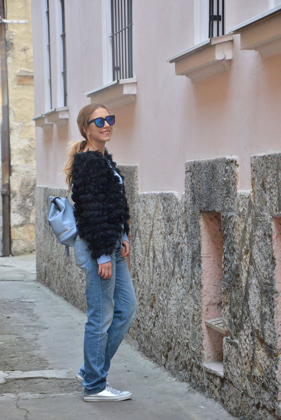 Baby blue Outfit and Black faux fur coat  / Stasha fashion Blog by Anastasija Milojevic