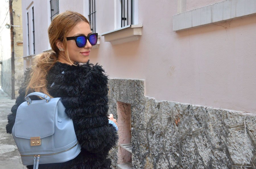 Baby blue Backpack Outfit  / Stasha fashion Blog by Anastasija Milojevic