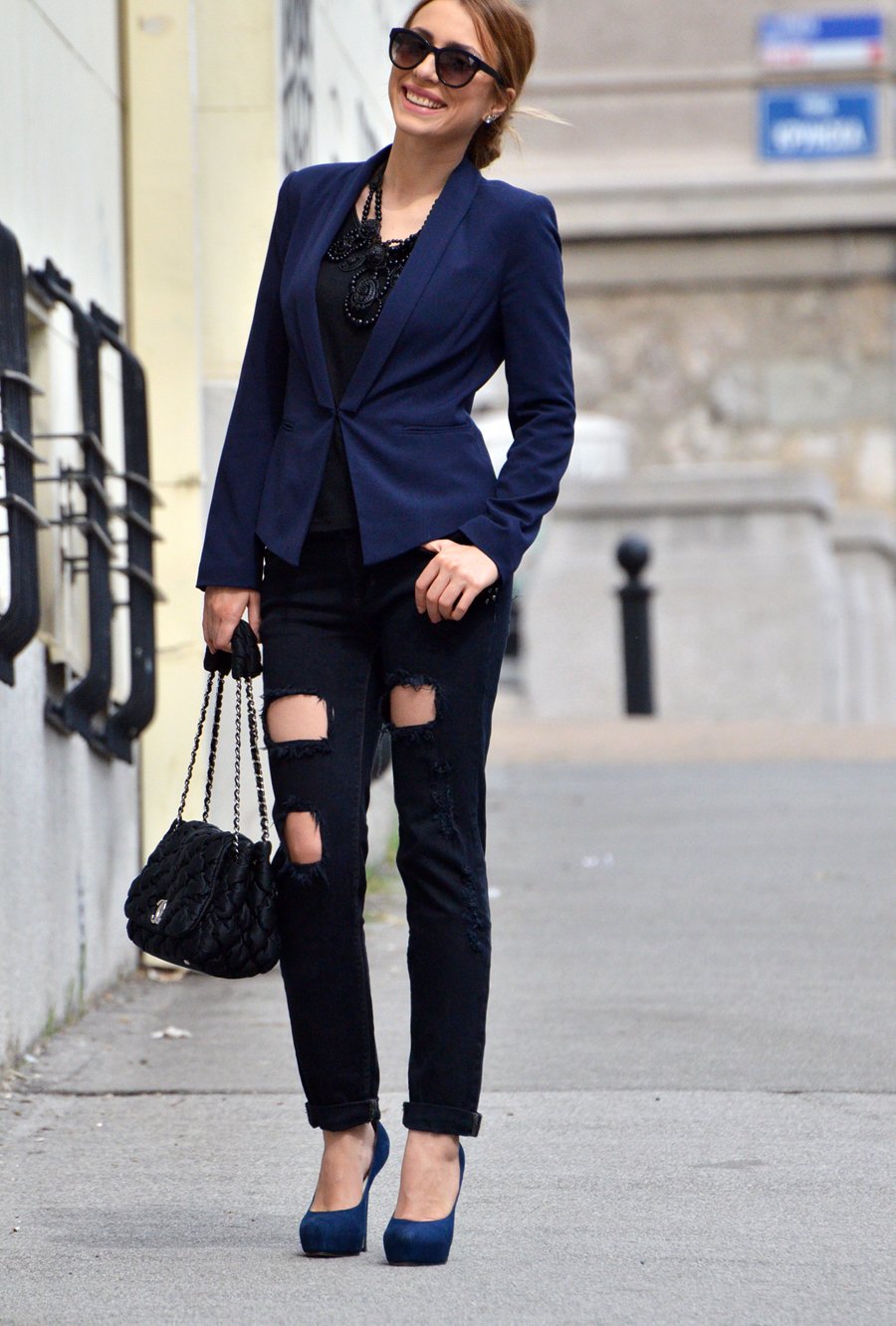 Ripped Navy jeans and Blazer Outfit / Stasha Fashion blog by Anastasija Milojevic