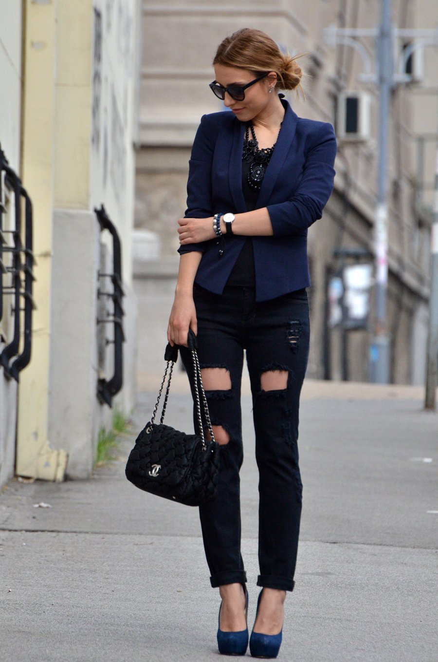 Ripped Navy jeans and Blazer Outfit with Chanel Bag and YSL Heels / Stasha Fashion blog by Anastasija Milojevic