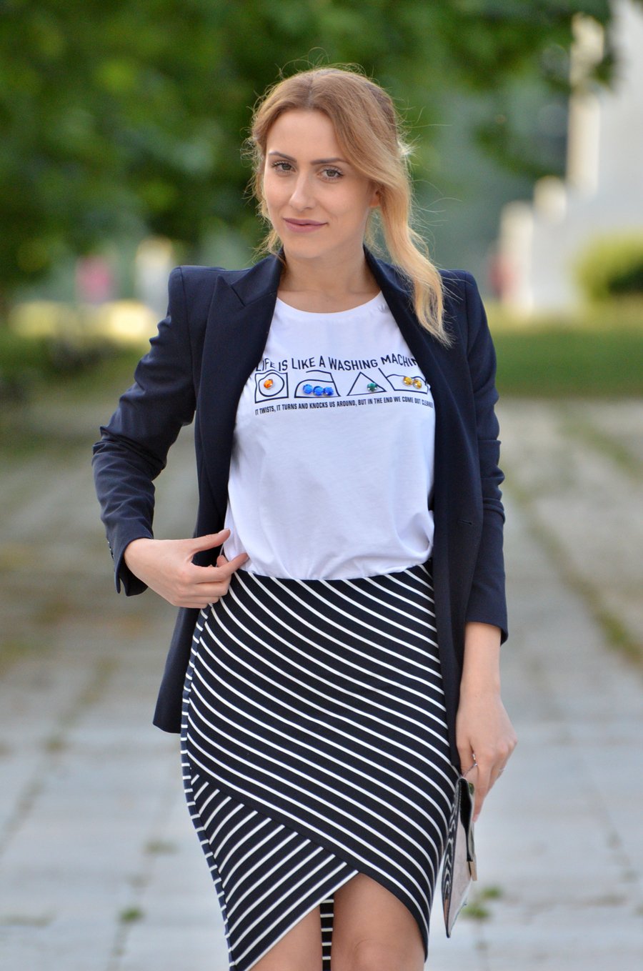  Navy Blue And White Outfit, striped skirt / Stasha fashion Blog by Anastasija Milojevic