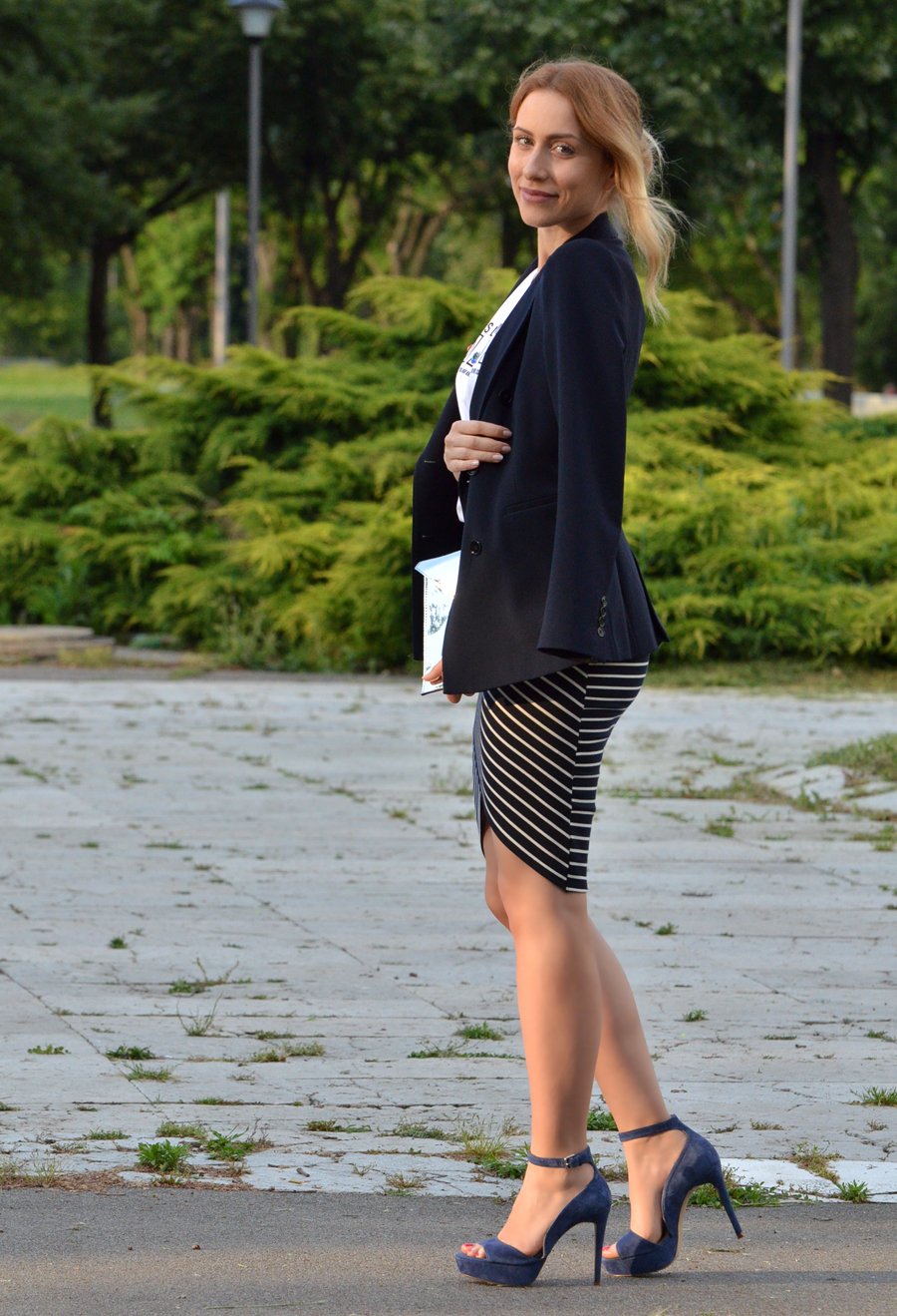  Navy Blue And White Outfit, striped skirt / Stasha fashion Blog by Anastasija Milojevic