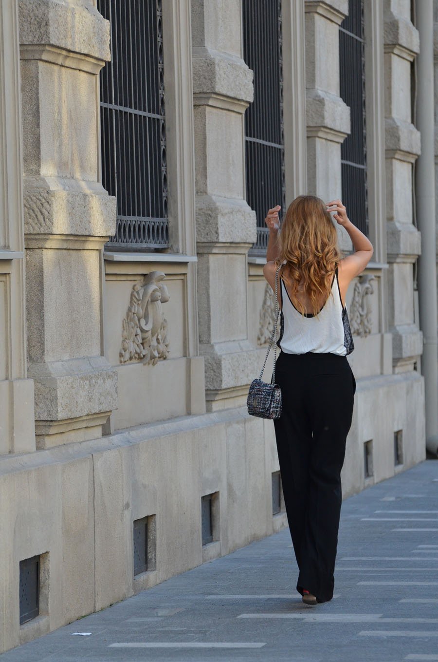 White Top and Black Loose Flared Trousers Outfit / Stasha Fashion Blog by Anastasija