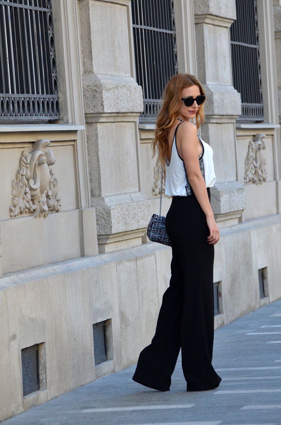 White Top and Black Loose Flared Trousers Outfit / Stasha Fashion Blog by Anastasija