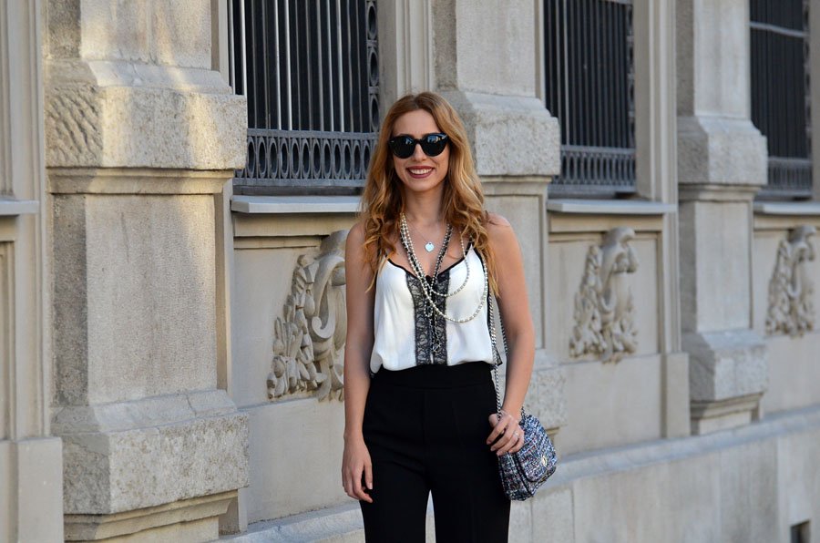 White Top and Black Loose Flared Trousers Outfit / Stasha Fashion Blog by Anastasija