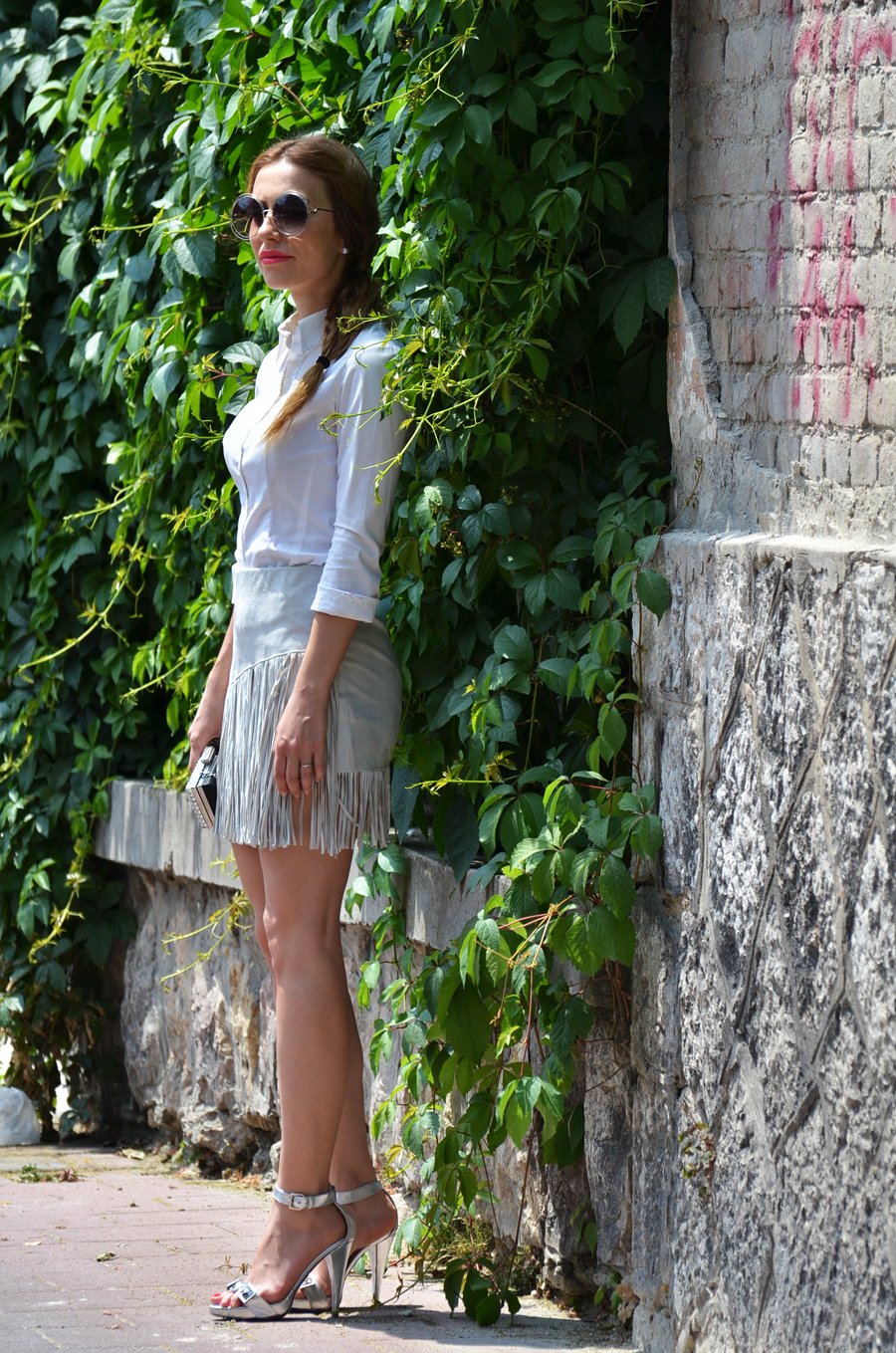 Summer outfit,   Gianfranco Ferré silver sandals,  fringe skirt, white shirt / Stasha Fashion blog by Anastasija Milojevic