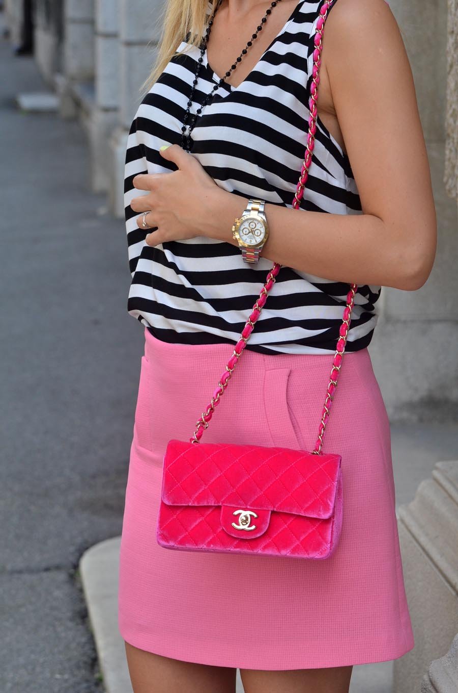 Pink Velvet Chanel mini bag OOTD/ Stasha Fashion Blog