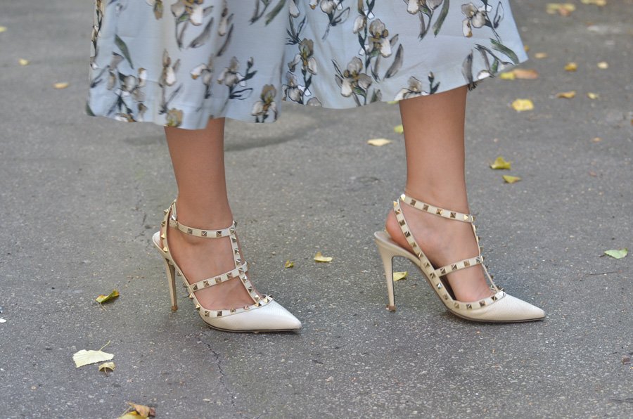 Floral Jumpsuit Outfit / Stasha fashion blog by Anastasija - Valentino Beige Rockstud Ankle Strap shoes