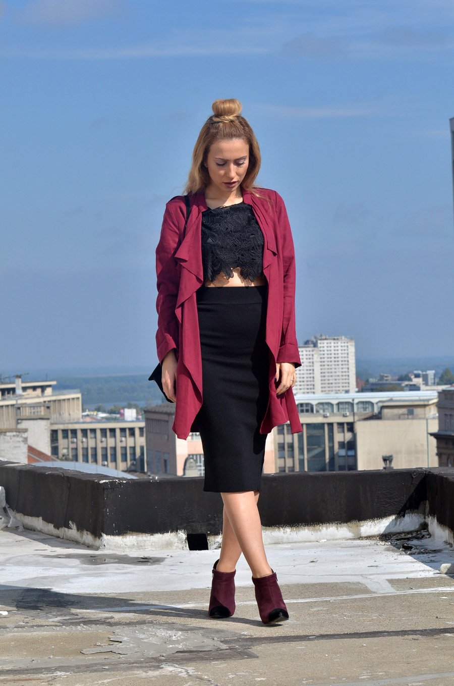 Crop Top,  Waterfall Jacket and Pencil Skirt Outfit Stasha fashion Blog by Anastasija