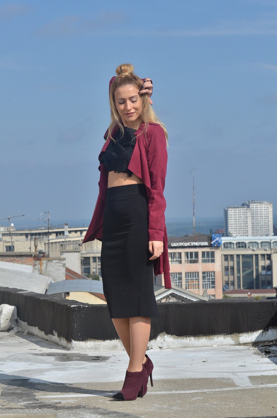 Crop Top,  Waterfall Jacket and Pencil Skirt Outfit Stasha fashion Blog by Anastasija