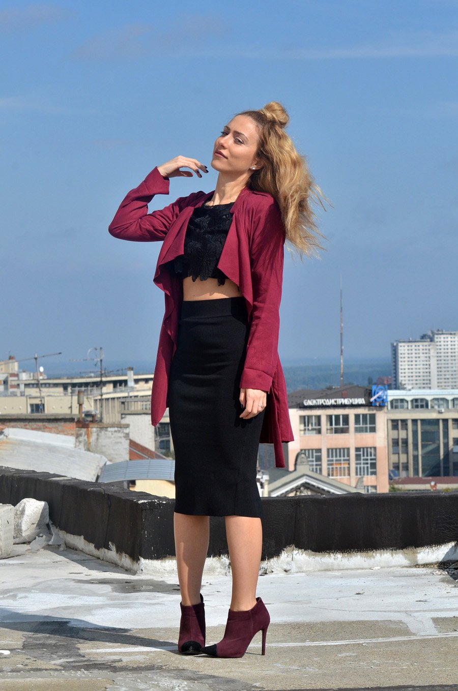 Crop Top,  Waterfall Jacket and Pencil Skirt Outfit Stasha fashion Blog by Anastasija