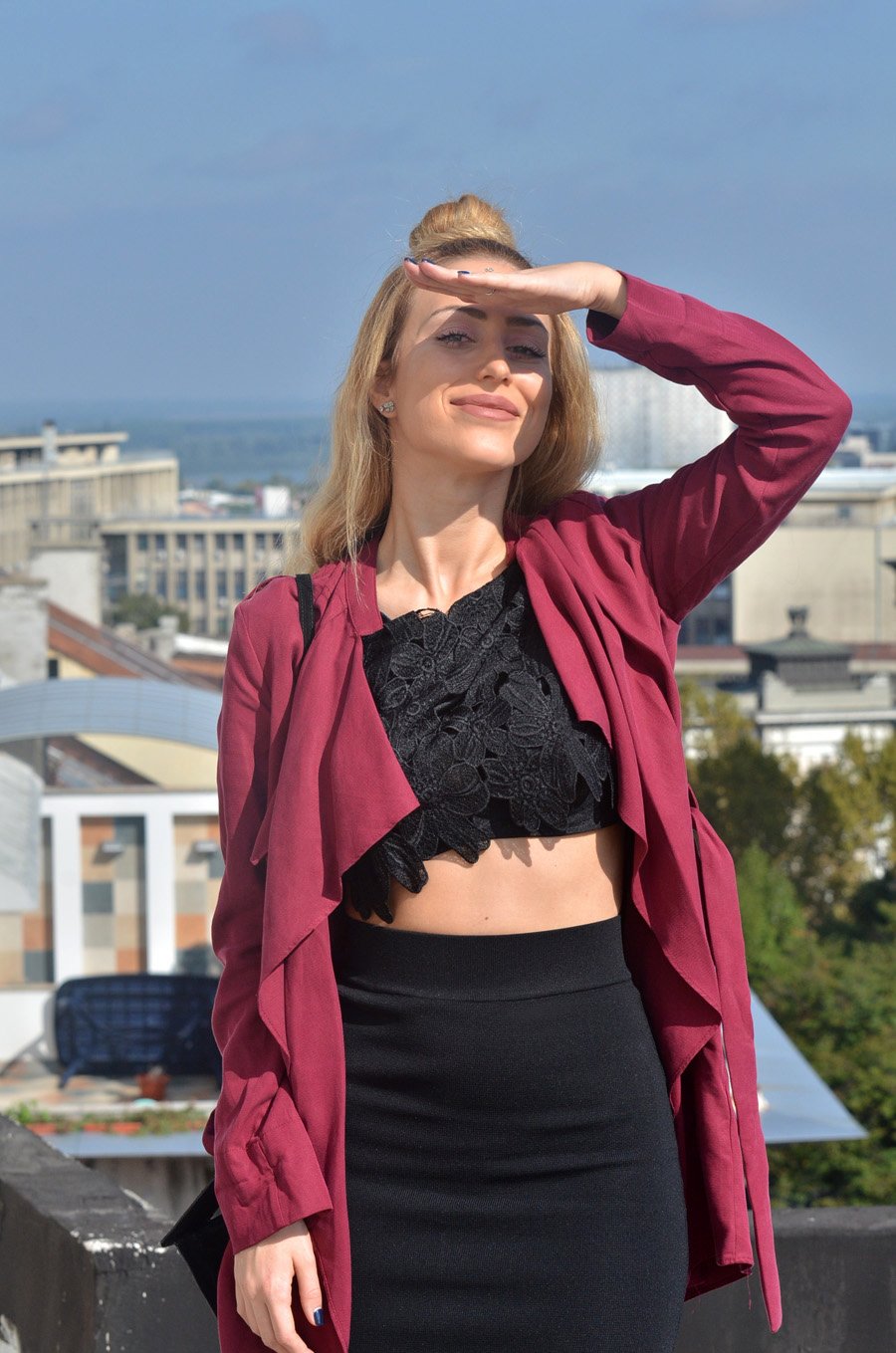 Crop Top,  Waterfall Jacket and Pencil Skirt Outfit Stasha fashion Blog by Anastasija