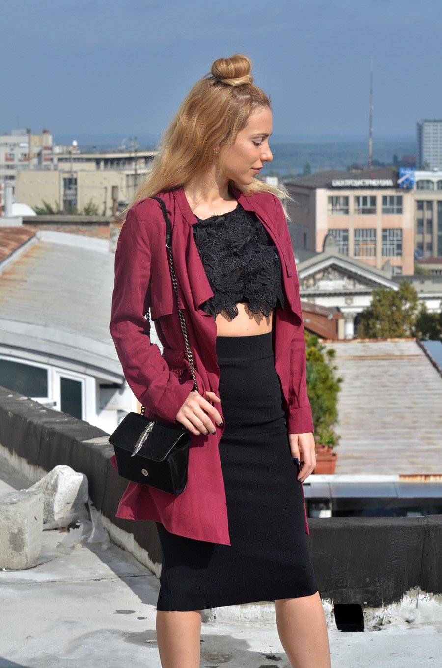 Crop Top,  Waterfall Jacket and Pencil Skirt Outfit Stasha fashion Blog by Anastasija