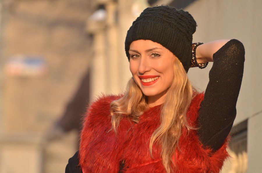 Red Faux Fur Vest Layered Winter Outfit by Anastasija Djuric - Stasha Fashion Blog