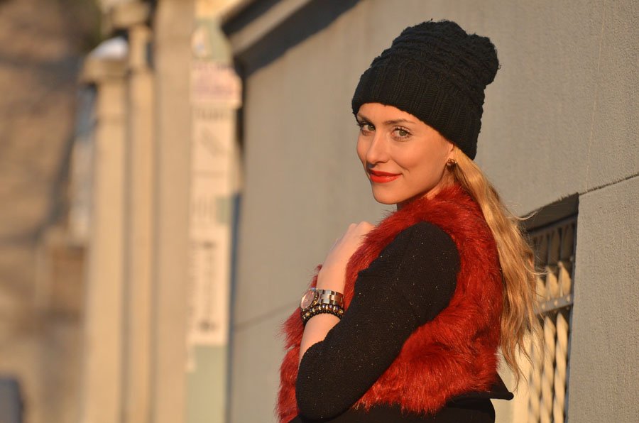 Red Faux Fur Vest Layered Winter Outfit by Anastasija Djuric - Stasha Fashion Blog