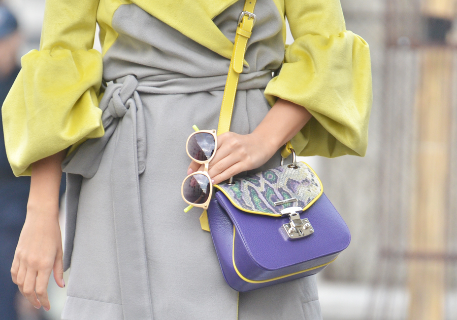Easy Chic / Grey & Yellow Predrag Djuknic Coat with a Pop of Purple Mona Bag/ Stasha fashion Blog