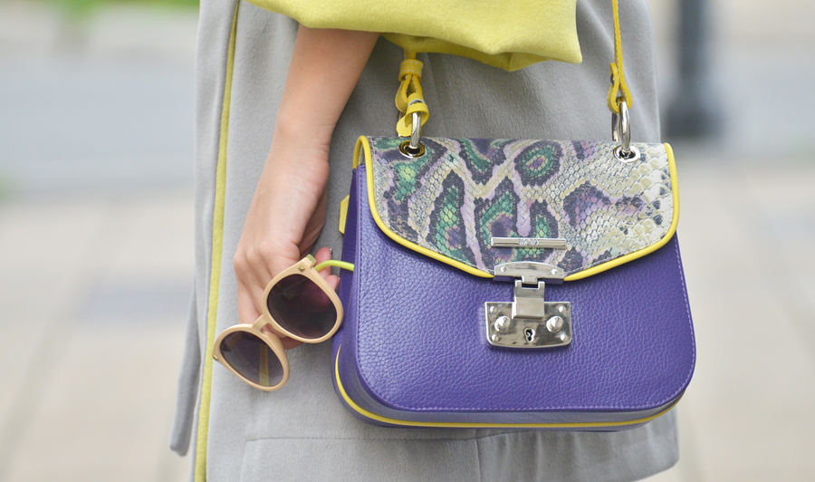  Easy Chic / Grey & Yellow Predrag Djuknic Coat with a Pop of Purple Mona Bag/ Stasha fashion Blog