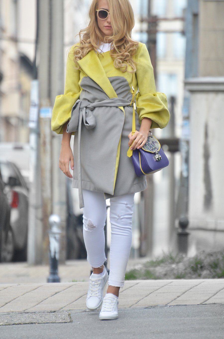 Easy Chic / Grey & Yellow Predrag Djuknic Coat with a Pop of Purple Mona Bag/ Stasha fashion Blog