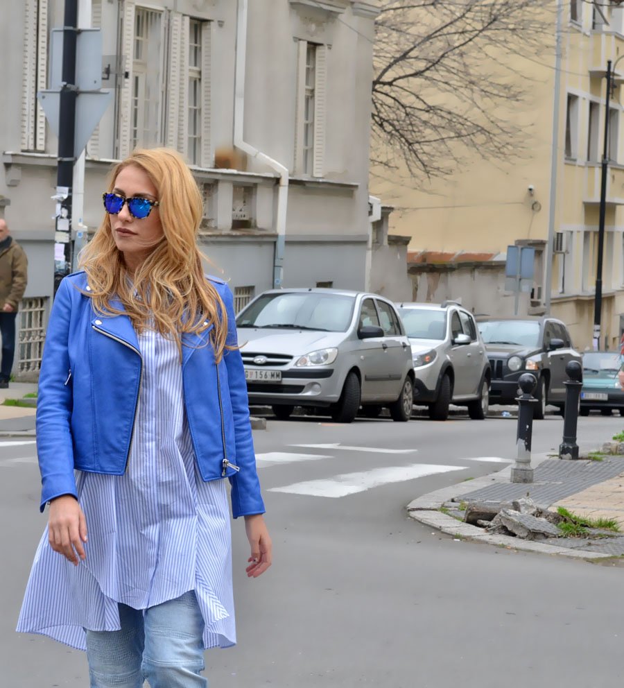 Blue Leather Jacket Outfit by Stasha Fashion