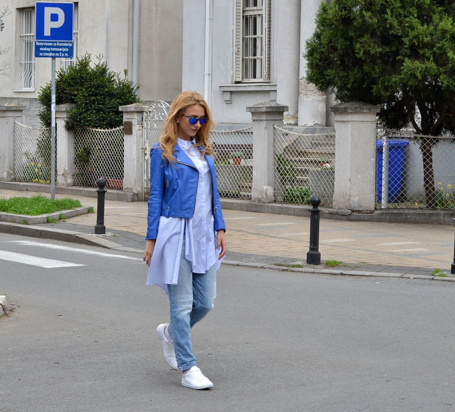 Blue Leather Jacket Outfit by Stasha Fashion