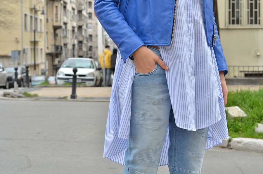 Blue Leather Jacket Outfit by Stasha Fashion