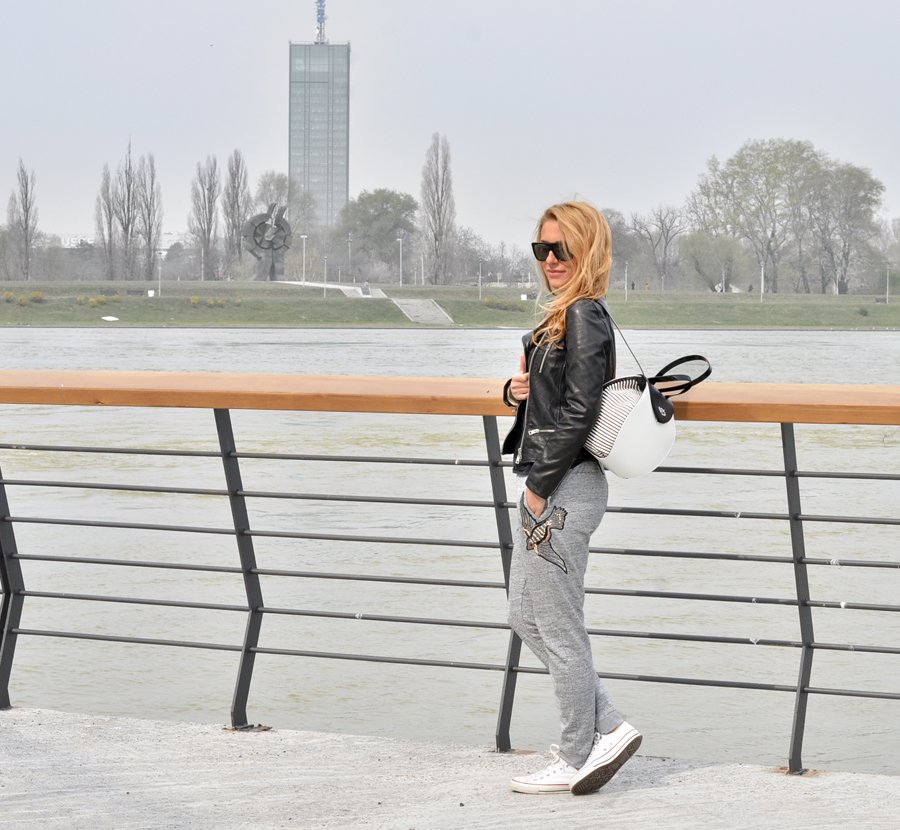 Jogging Pants With Application and Leather Jacket Outfit / Stasha Fashion