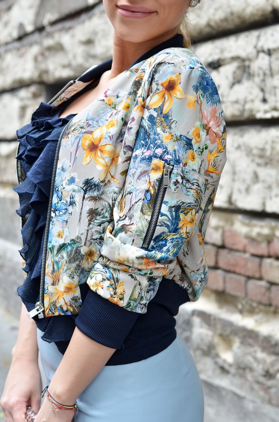 Floral Bomber Jacket Outfit - Stasha fashion Blog