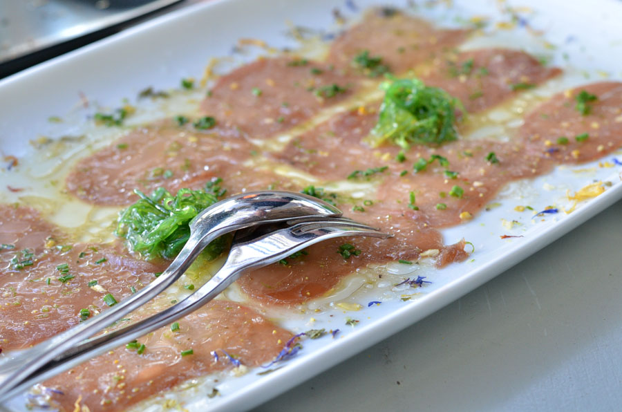 lovely Restaurant tuna carpaccio in Mykonos, Greece - Stasha Travel and fashion Blog
