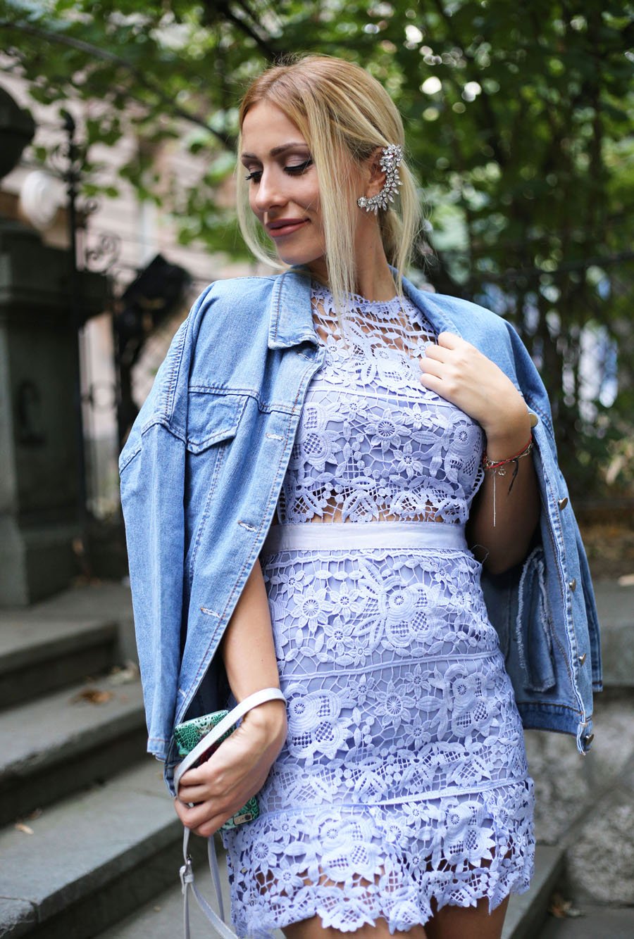 Side Hollow Lace Lavender A-Line Dress Outfit with White Sneakers / Stasha Fashion Blog