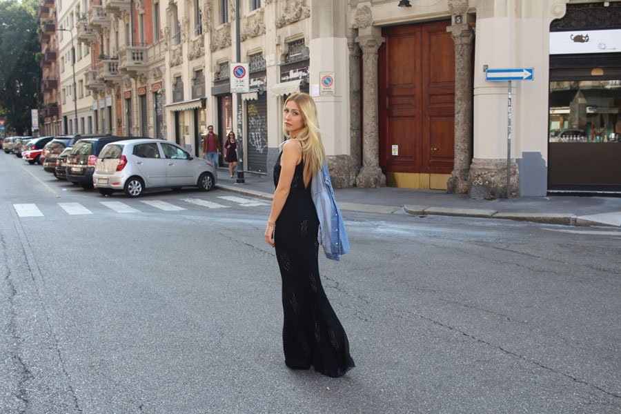 Black Dress & Gucci Dionysus Medium Bird Embroidered Shoulder Bag Outfit - Milano Fashion Week spring/summer 2017