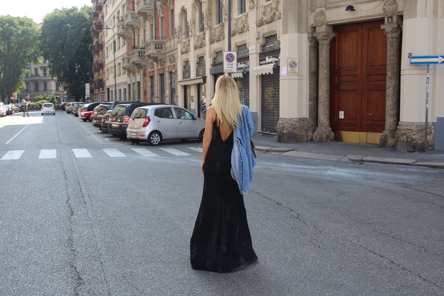 Black Dress & Gucci Dionysus Medium Bird Embroidered Shoulder Bag Outfit - Milano Fashion Week spring/summer 2017