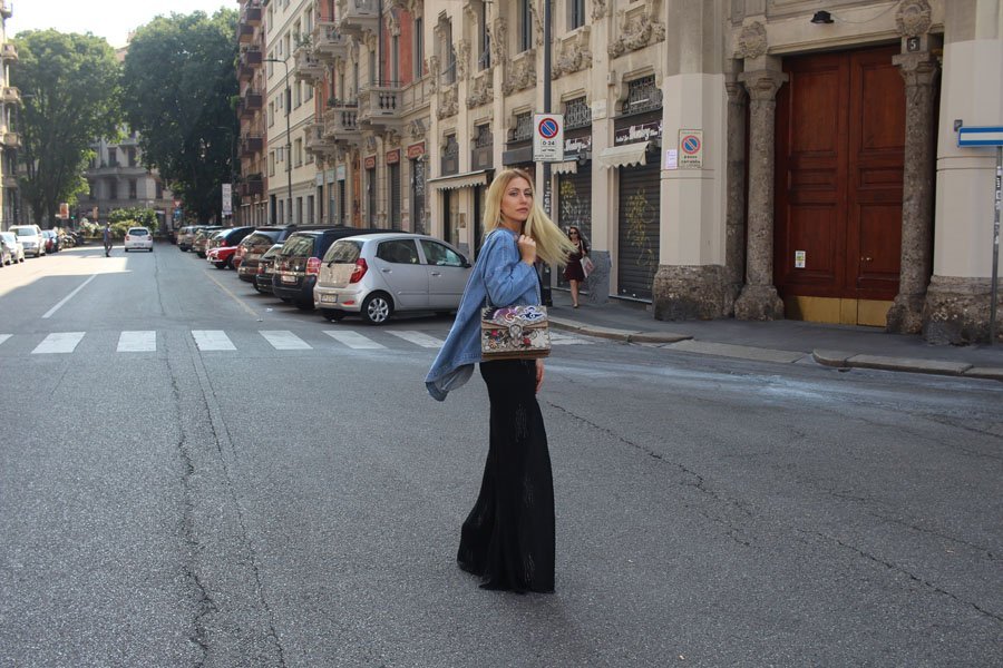 Black Dress & Gucci Dionysus Medium Bird Embroidered Shoulder Bag Outfit - Milano Fashion Week spring/summer 2017