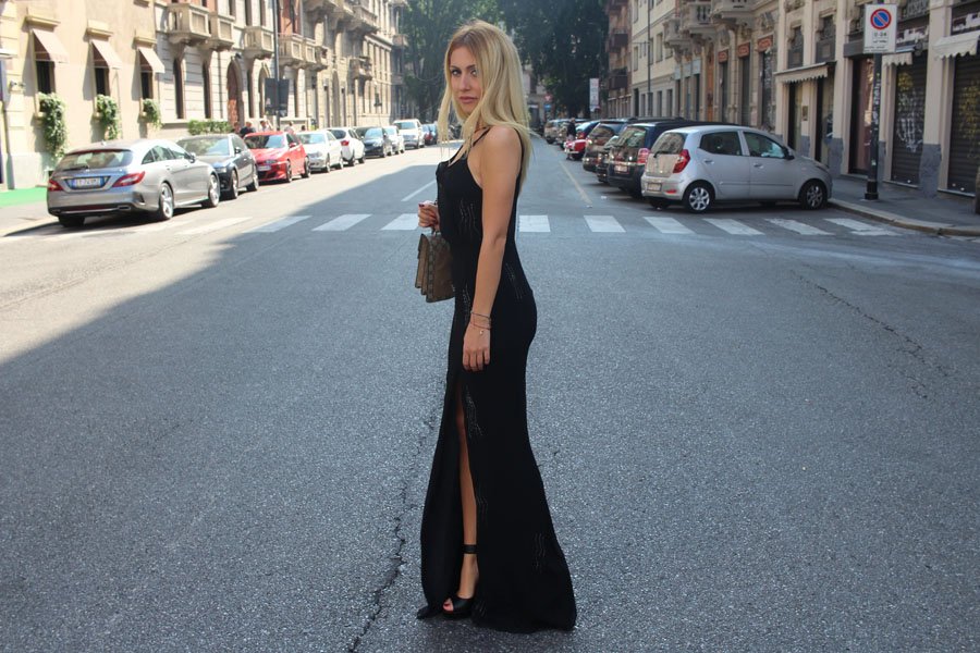 Black Dress & Gucci Dionysus Medium Bird Embroidered Shoulder Bag Outfit - Milano Fashion Week spring/summer 2017