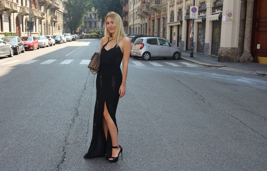 Black Dress & Gucci Dionysus Medium Bird Embroidered Shoulder Bag Outfit - Milano Fashion Week spring/summer 2017