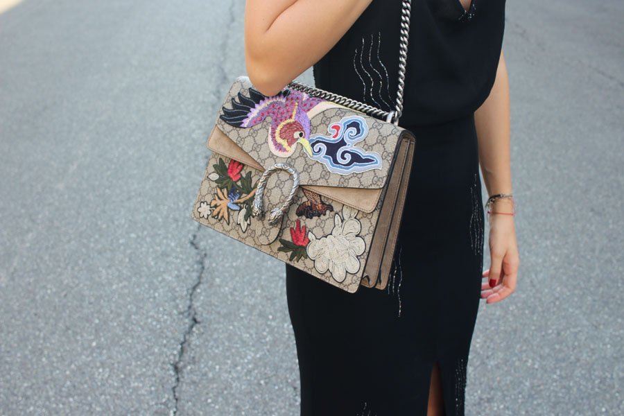 Black Dress & Gucci Dionysus Medium Bird Embroidered Shoulder Bag Outfit - Milano Fashion Week spring/summer 2017