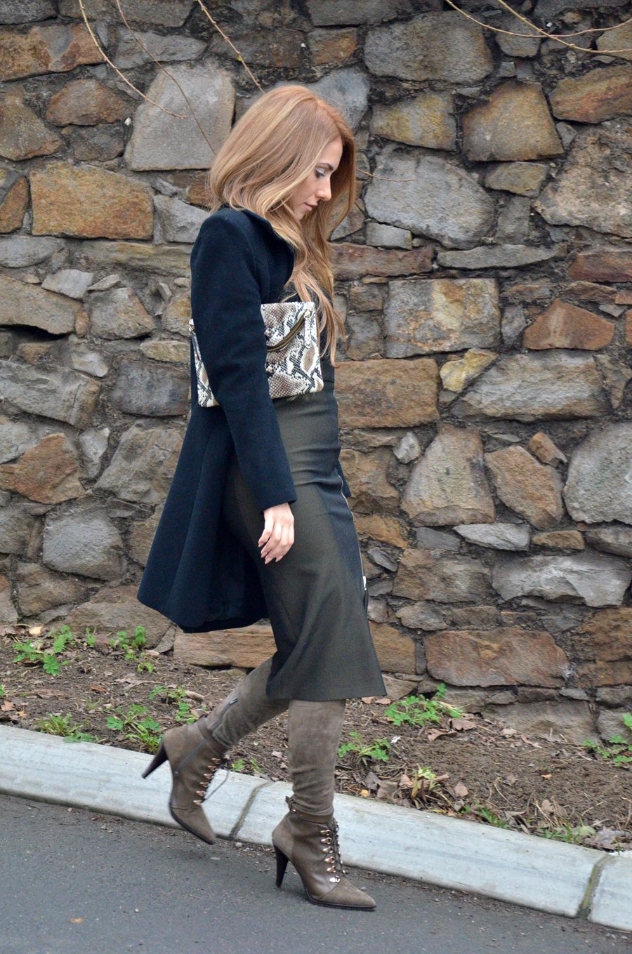 Pencil Skirt, Long Coat and Over the Knee Boots Outfit