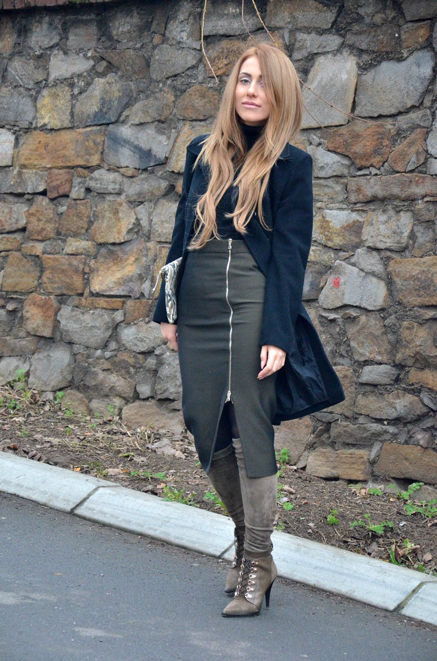 Pencil Skirt, Long Coat and Over the Knee Boots Outfit / Stasha Fashion by Anastasija Milojevic