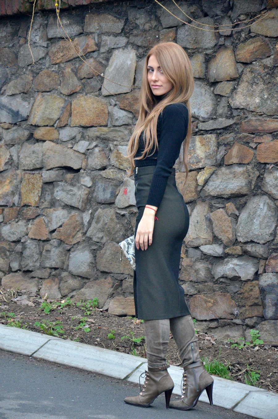 Pencil Skirt, Long Coat and Over the Knee Boots Outfit / Stasha Fashion by Anastasija Milojevic