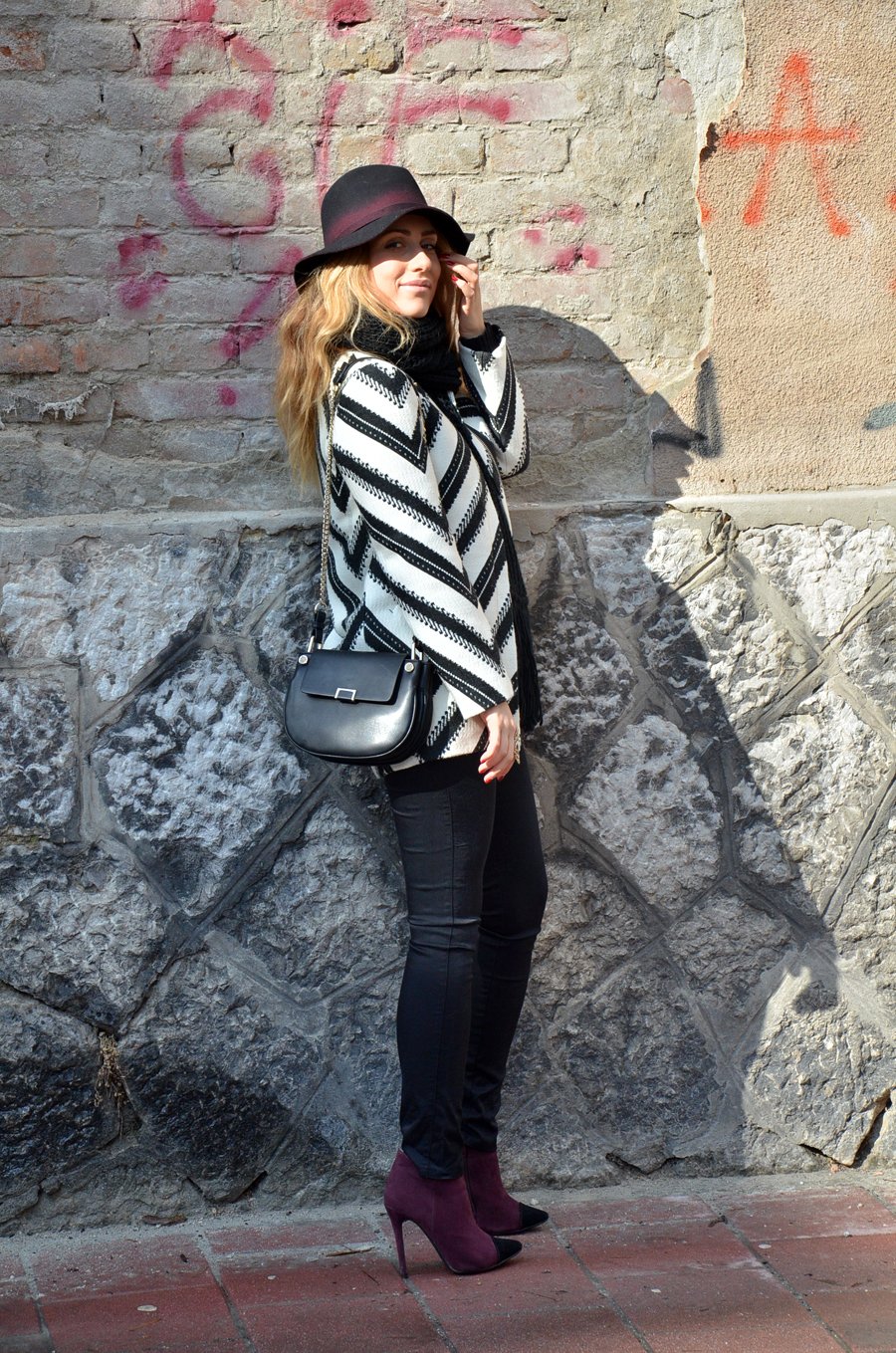 Black, white and burgundy Winter Outfit - Stasha Fashion Blog by Anastasija Milojevic