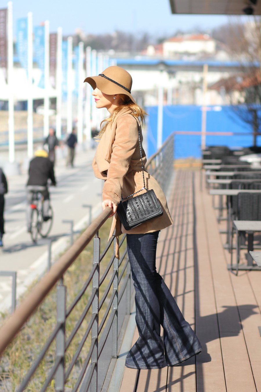 Open-Front Woolen Woman Coat, Flared Jeans and Hat Outfit / Stasha Fashion Blog by Anastasija Milojević