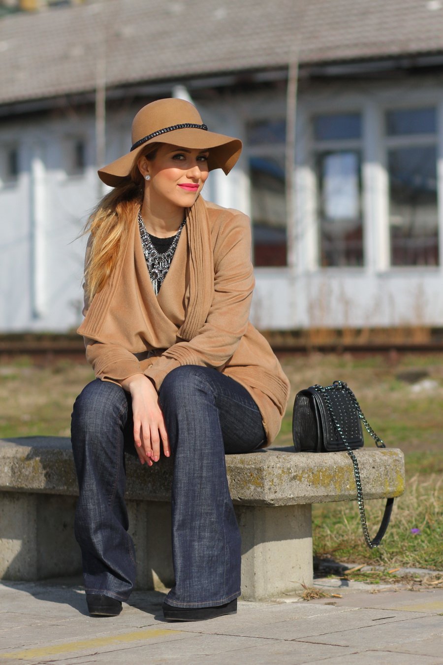 Open-Front Woolen Woman Coat, Flared Jeans and Hat Outfit / Stasha Fashion Blog by Anastasija Milojević