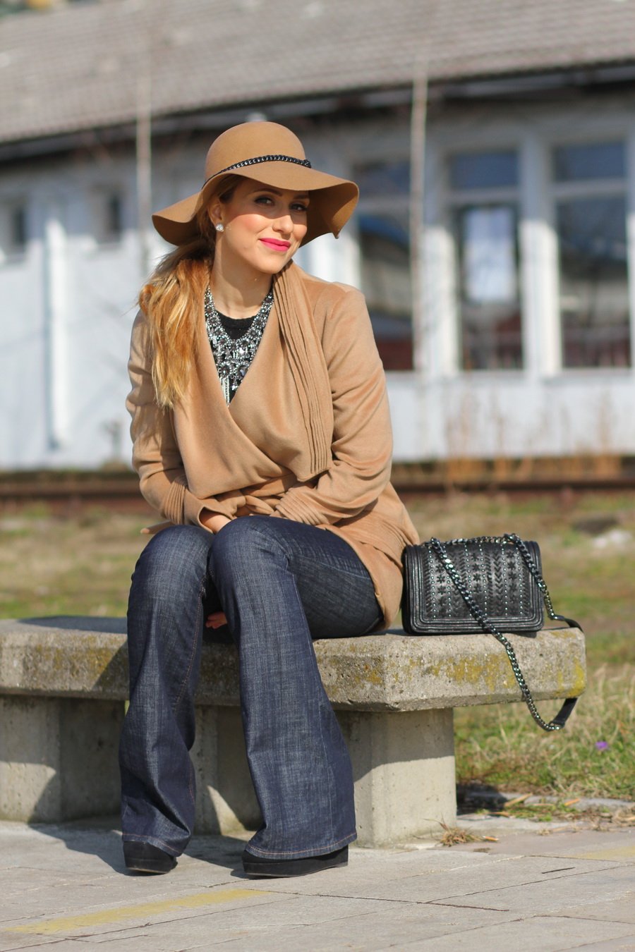 Open-Front Woolen Woman Coat, Flared Jeans and Hat Outfit / Stasha Fashion Blog by Anastasija Milojević