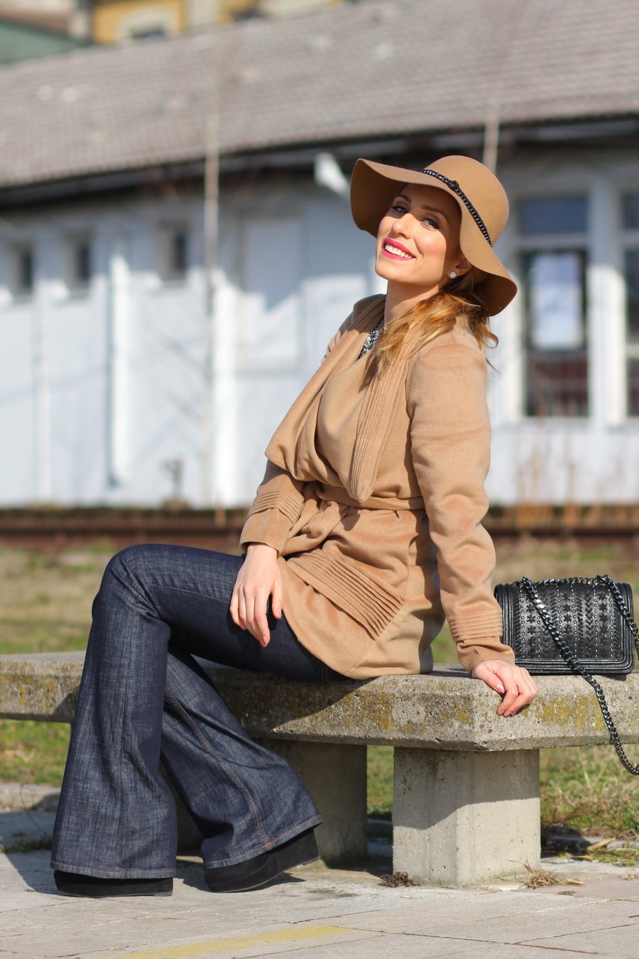 Open-Front Woolen Woman Coat, Flared Jeans and Hat Outfit / Stasha Fashion Blog by Anastasija Milojević