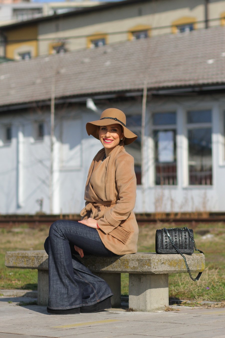 Open-Front Woolen Woman Coat, Flared Jeans and Hat Outfit / Stasha Fashion Blog by Anastasija Milojević