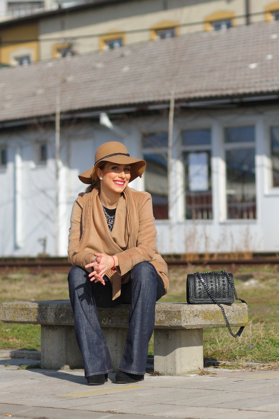 Open-Front Woolen Woman Coat, Flared Jeans and Hat Outfit / Stasha Fashion Blog by Anastasija Milojević