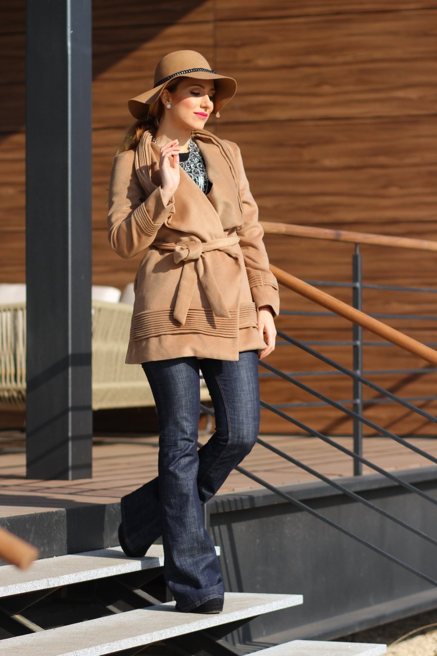 Open-Front Woolen Woman Coat, Flared Jeans and Hat Outfit / Stasha Fashion Blog by Anastasija Milojević